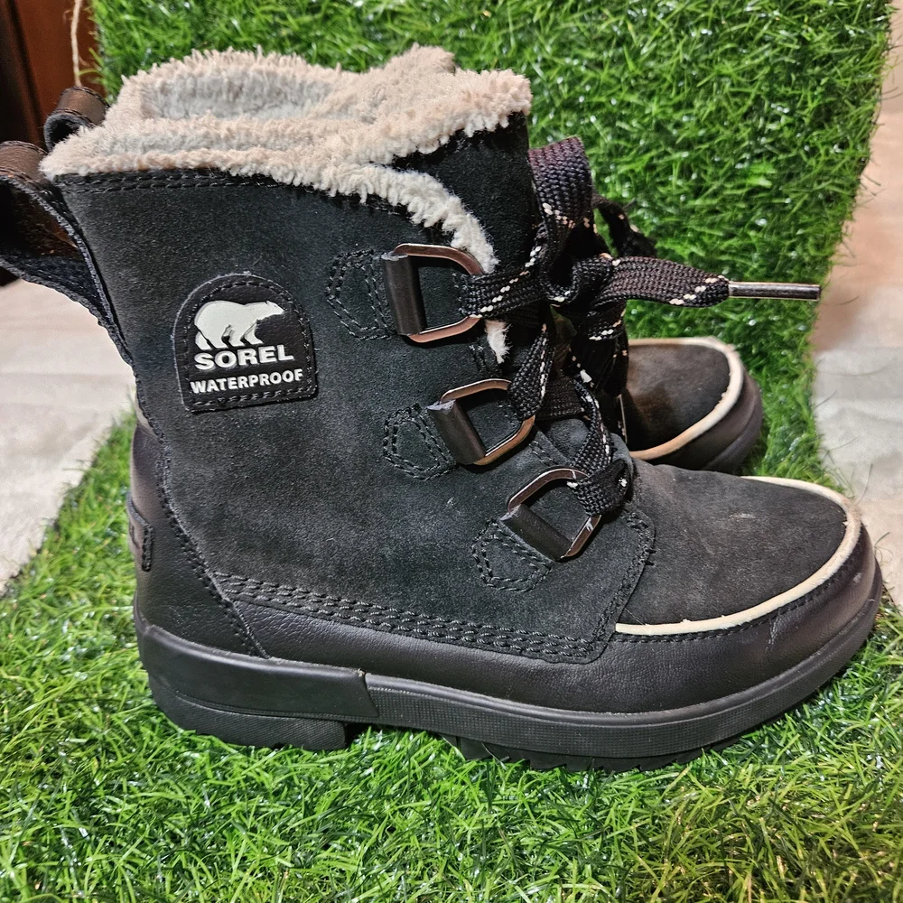 Sorel Black Suede Waterproof Winter & Rain Boots with Cream Faux Fur